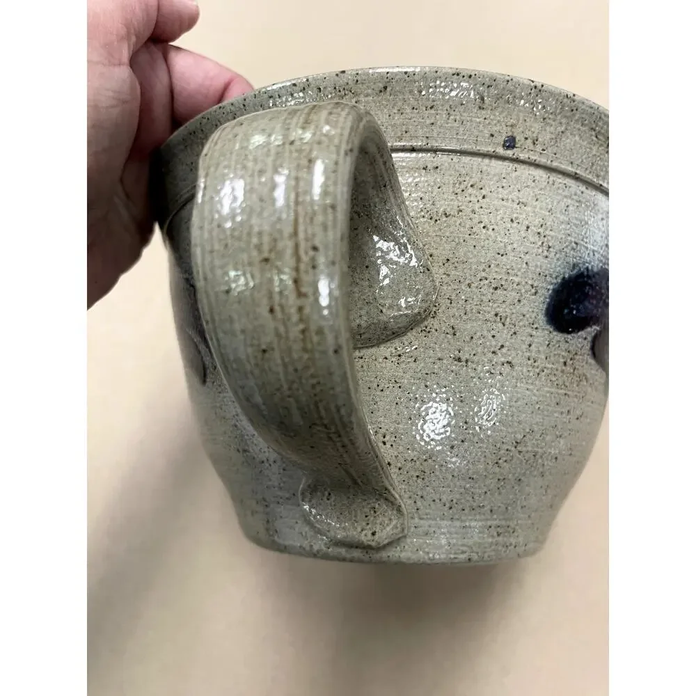 Salt City Pottery 1997 Handmade Stoneware BatterBowl Cobalt Blue Salt Glaze Grey